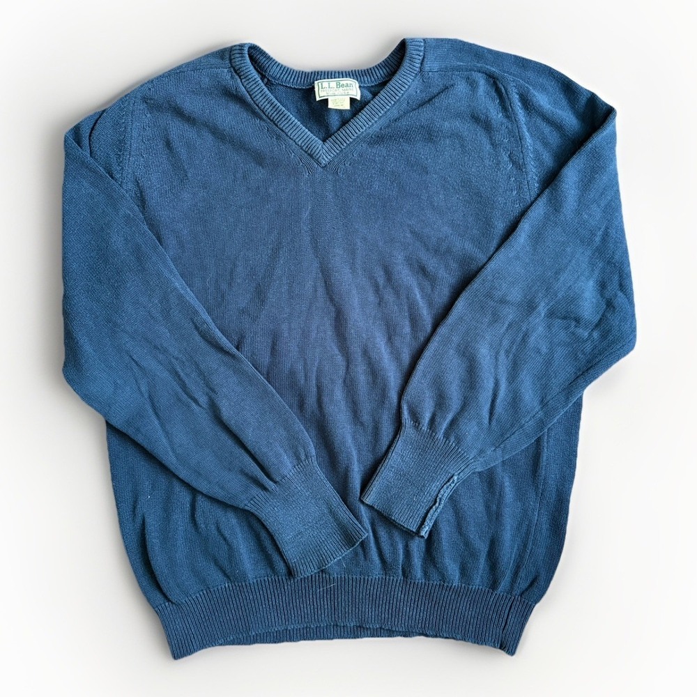 Vintage LL Bean Sweater Mens Med‎ Tall Blue Cotton V Neck Pullover Knit USA Made